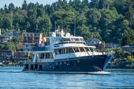 Motoryacht on the way from Seattle's Ballard Locks to Shilshole Bay.