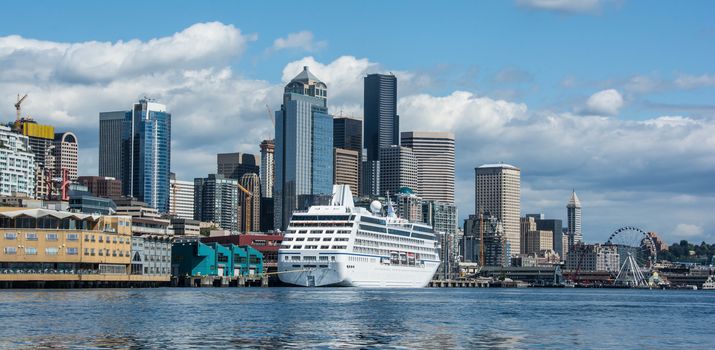 View of Seattle Waterfront with Cruise Ship at terminal taken from Elliott Bay