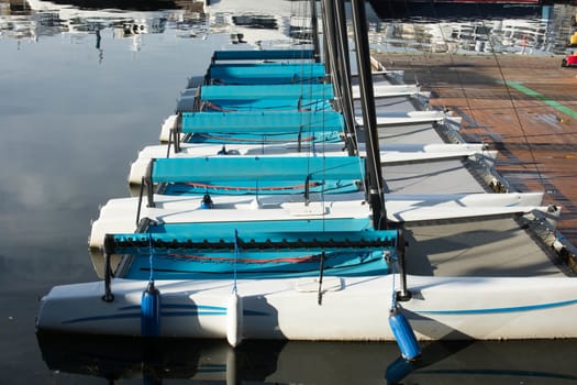Identical catamarans lined up on dock at marina