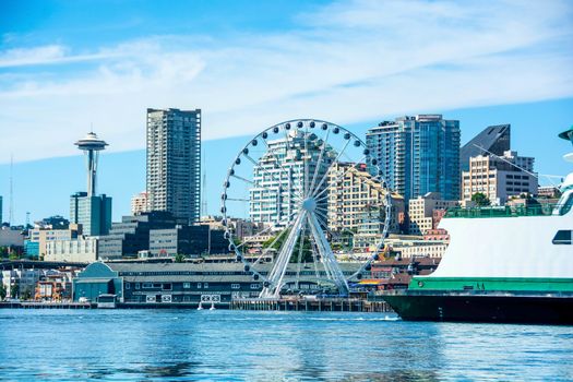 Ferry awaits departure on Elliott Bay - Seattle, WA