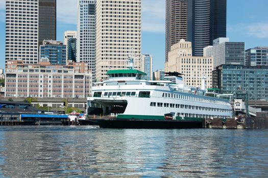 Ferry awaits departure on Elliott Bay - Seattle, WA