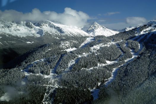 Aerial scene taken from plane flying over mountans of Whistler. BC