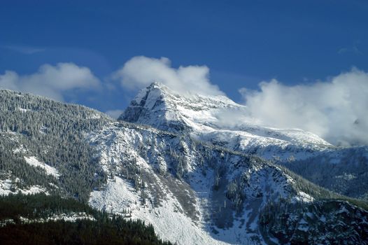 Aerial scene taken from plane flying over mountans of Whistler. BC