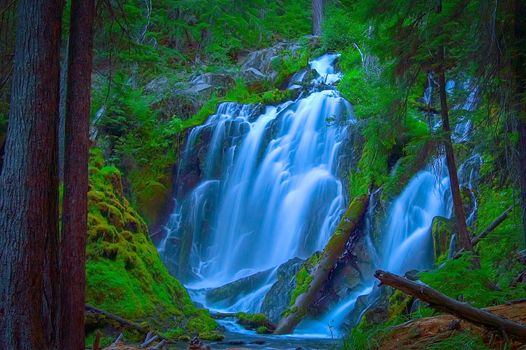 A short hike down a wooded trail leads to this spectacular waterfall.