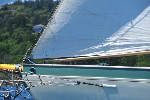 Bow view of schooner underway in vicinity of Race Rocks, Victoria, British Columbia