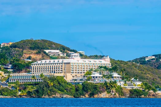View of large hotel set on cliff on St Thomas, USVI