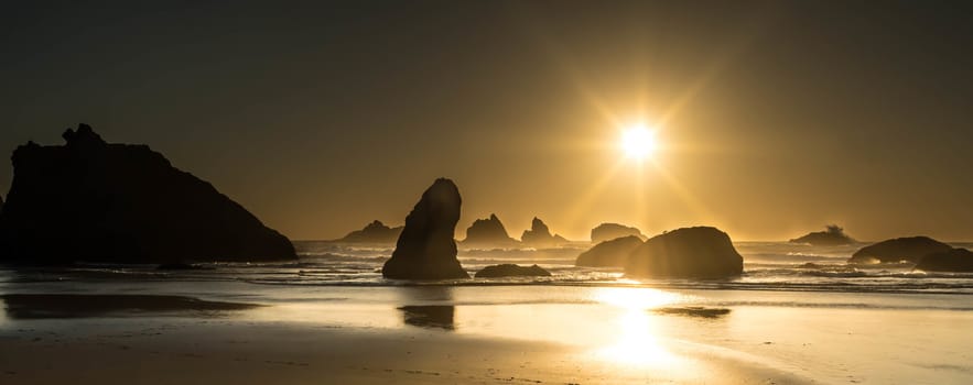 High contrast, late afternoon shot of sea stacks on Oregon Coast