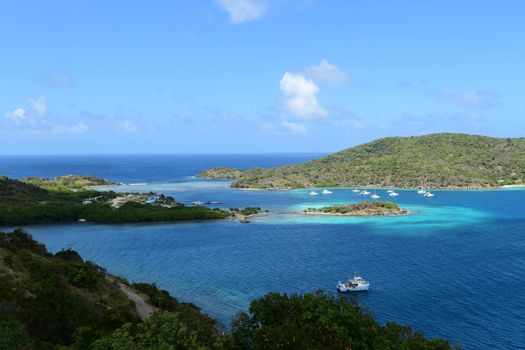 View of Virgin Island Harbor from hillside on Sunny day