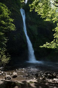 Horsetail Falls on Sunny day in Columbia River Gorge, Oregon
