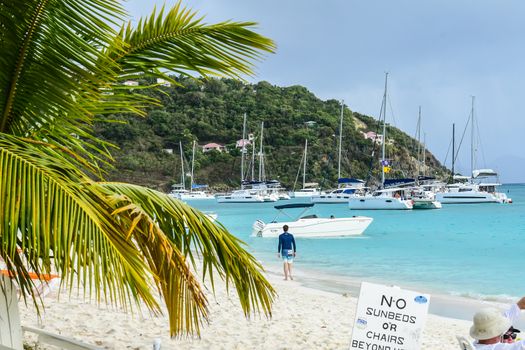 View of Caribbean beachn in Virgin Islands showing boats at anchor