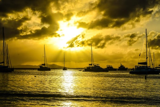 Sailboats at anchor in British Virgin Islands Harbor
