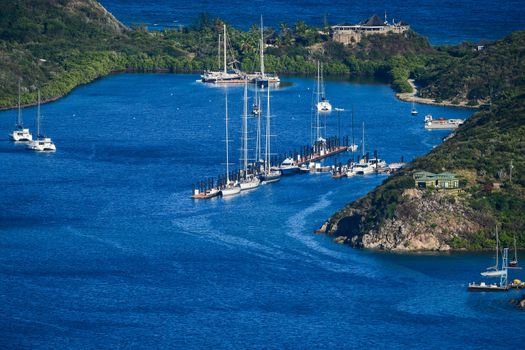 Yachts at moorings and docks in small British Virgin Islands Harbot