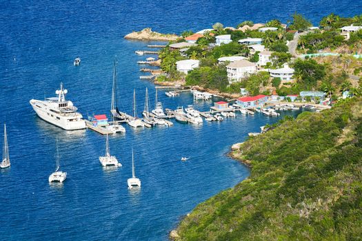 Yachts at moorings and docks in small British Virgin Islands Harbot