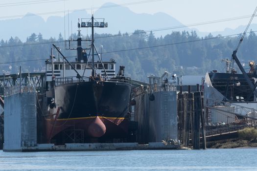 Crab boat, Kari Marie in drydock at Hansen Boat Builders, Everett, WA