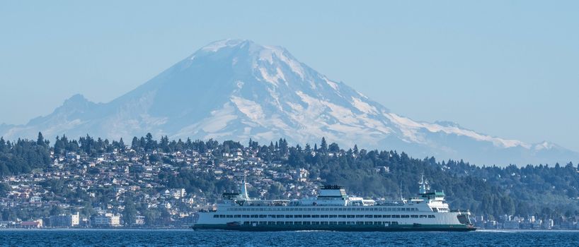 Washington State Ferry, Wenatchee, in front of West Seattle and Mount Rainier.