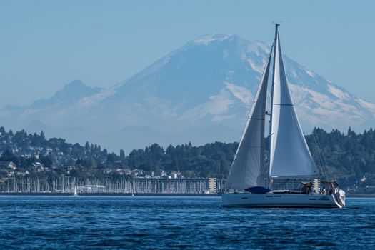 Sailing Vessel, One Man Wolfpack, transiting Seattle's Shilshole Bay with Mount Rainier in the backgrounds