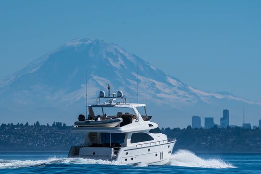 Motor yacht transiting Seattle's Shilshole Bay.