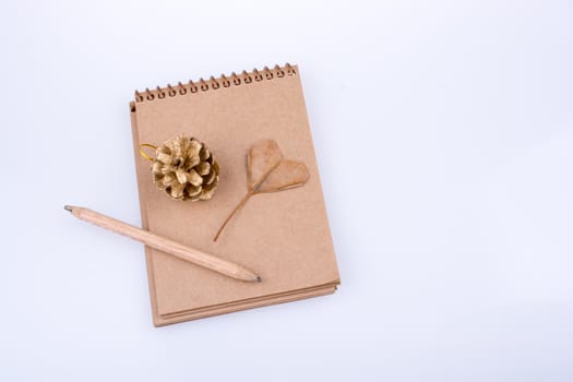 Heart shaped leaf,  pine cone and a pencil on a notebook on a white background
