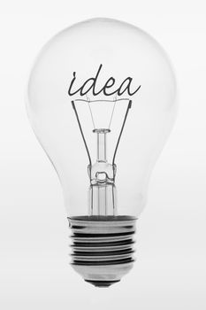 Old fashioned light bulb with the text idea formed by filaments in the crystal ball

