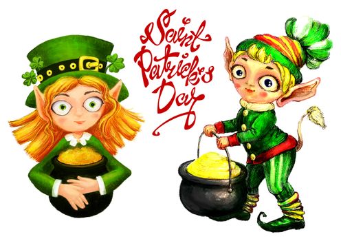 Leprechaun with a pot of gold and clover. Illustration for St. Patrick's Day
