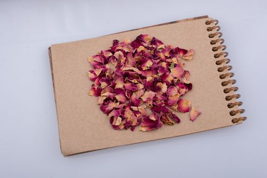 Dry rose petals  placed on a spiral notebook