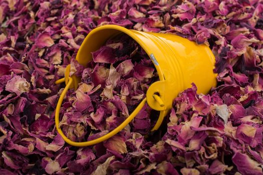 Little bucket on a background of dried  rose petals
