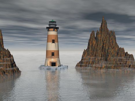 Lighthouse on the sea under sky grey - 3d rendering