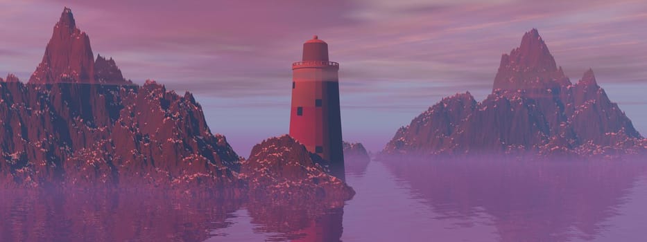 Lighthouse on the sea under sky grey - 3d rendering