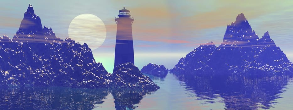Lighthouse on the sea under sky grey - 3d rendering