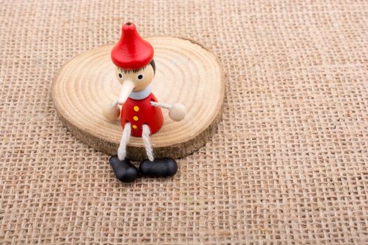 Pinocchio  sitting on wood on canvas background