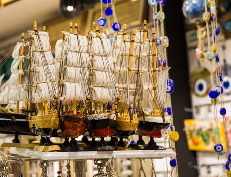 Set of hand made sail boats in view
