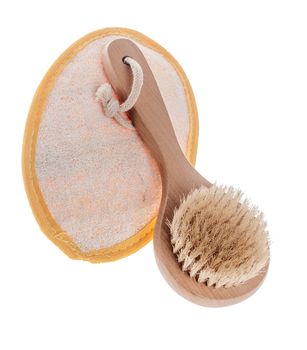 Circular loofah body scrub and brush isolated on white