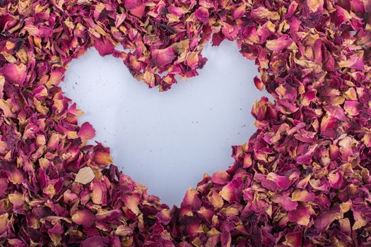 Dry petals form a heart shape on a white background