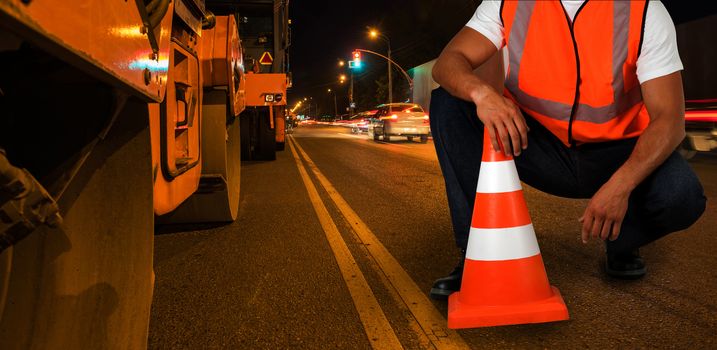 repairing the road in the night city