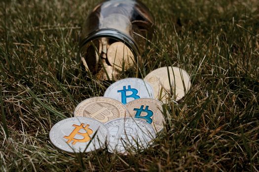 Digital currency physical silver and gold bitcoin coins in grass.