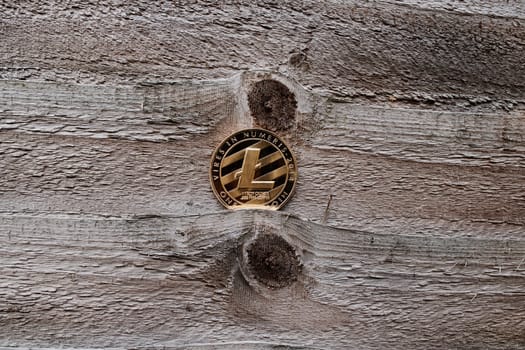 Digital currency physical gold litecoin coin on the wooden background.