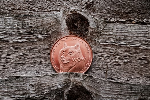 Digital currency physical brass dogecoin coin on the wooden background.