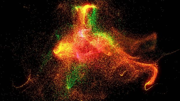 Colorful Particles dispersing and twisting. High quality clip rendered on high end computer and graphics card. 3d render