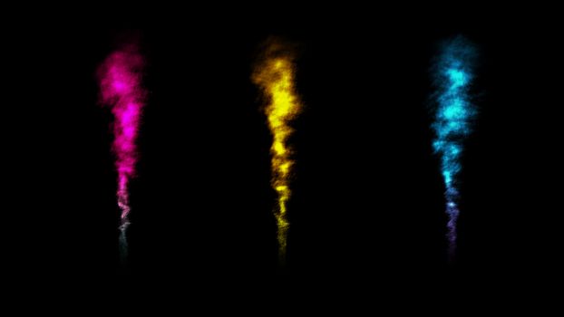 Colorful smoke collection on black background. 3d render