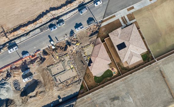 Drone Aerial View Cross Section of Home Construction Site.