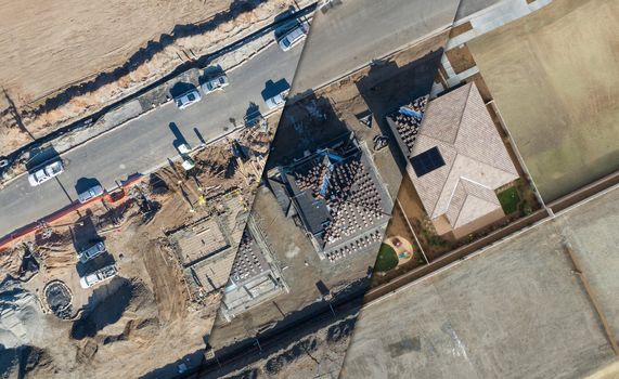 Drone Aerial View Cross Section of Home Construction Site.