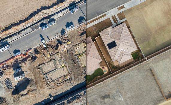 Drone Aerial View Cross Section of Home Construction Site.