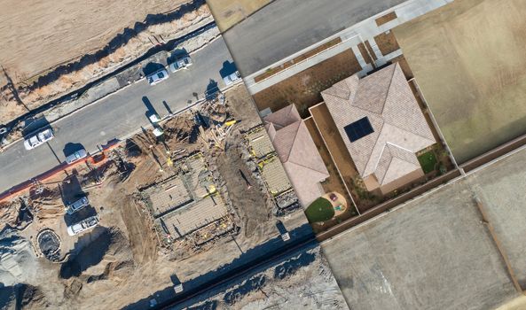 Drone Aerial View Cross Section of Home Construction Site.