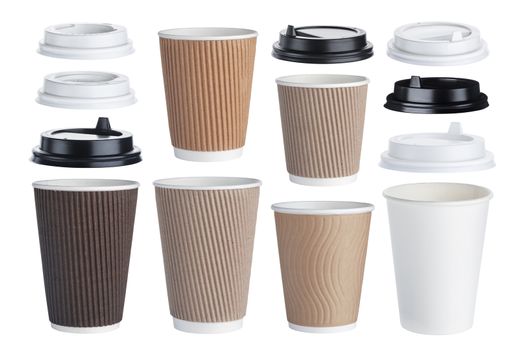 Disposable paper coffee cup isolated on white background with clipping path. Collection