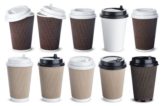 Different paper coffee cup isolated on white background. Mock up collection
