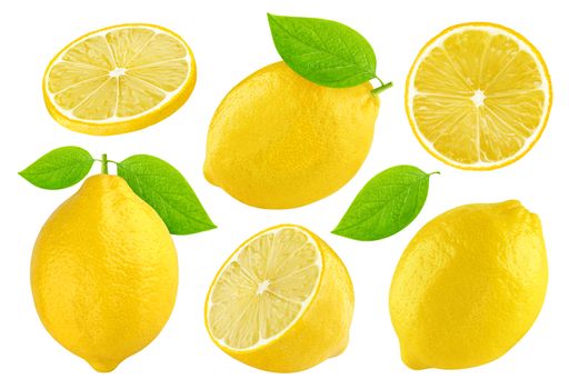Collection of lemon fruits isolated on white background with clipping pat