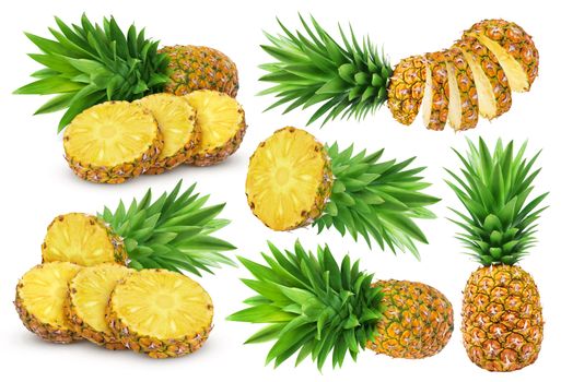 Pineapple collection. Whole and sliced pineapple isolated on white background