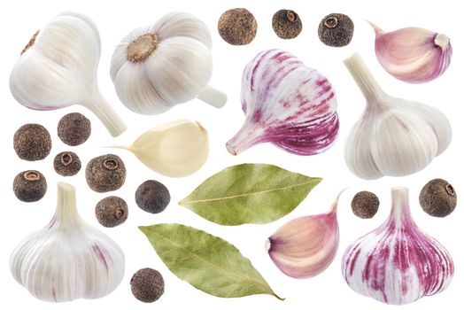 Garlic, allspice and bay leaf isolated on white background with clipping path. Spices collection