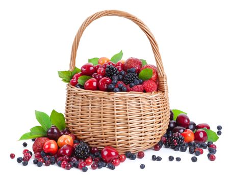 Fresh berries in basket isolated on white background with clipping path