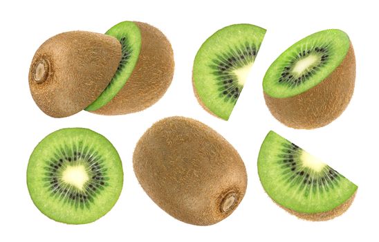 Isolated kiwi fruit. Collection of whole and sliced kiwi isolated on a white background with clipping path.